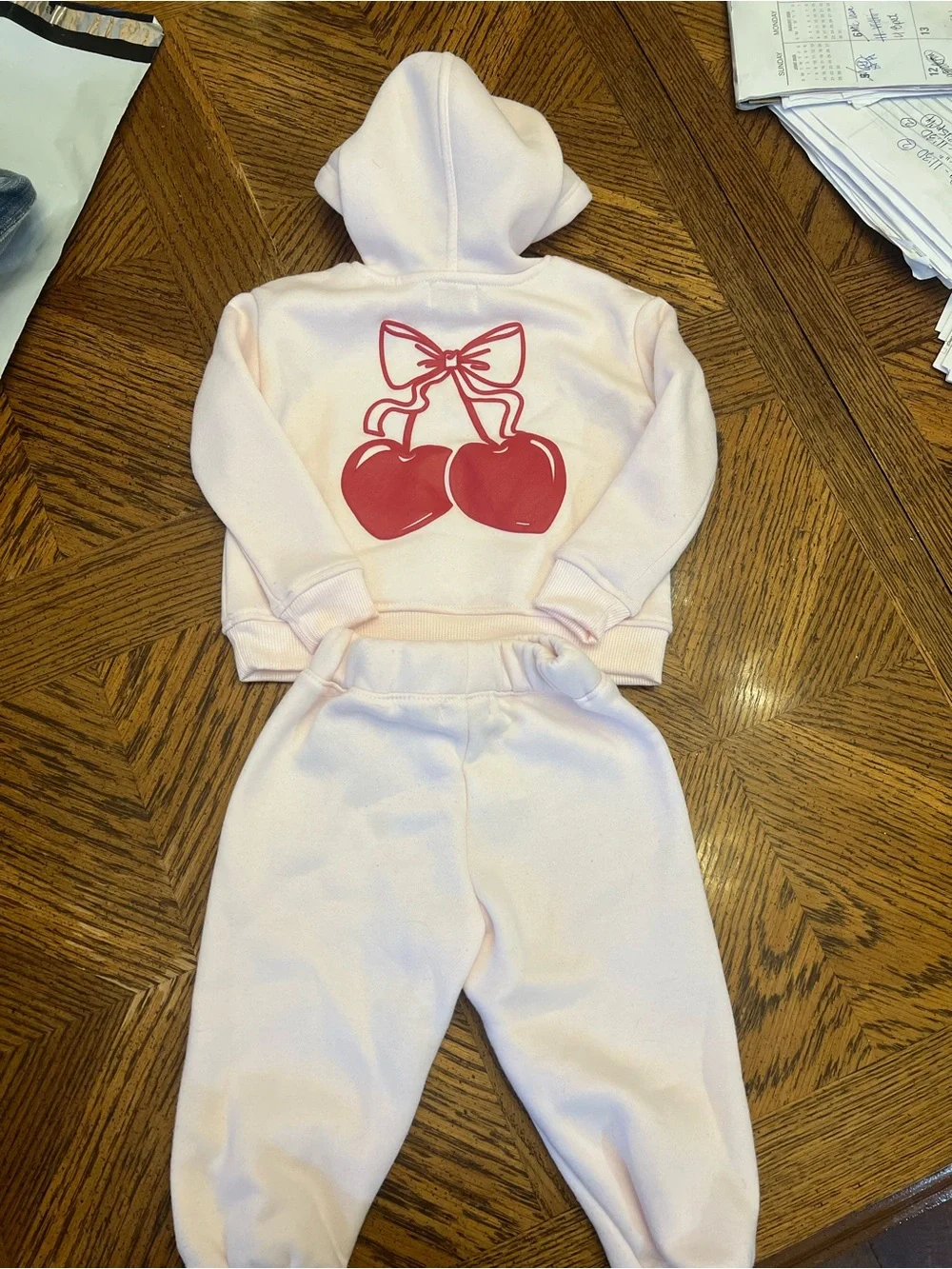 Pink Girls' Hoodie & Jogger Matching Set with Red Cherry Accent